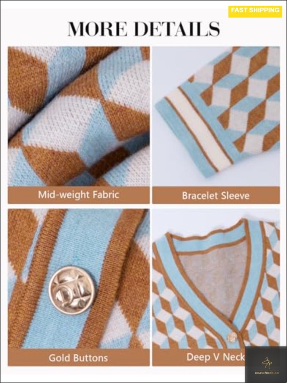 Oversized Checkered Knit Cardigan - 3/4 Sleeve Button Down - Picture 4 of 4